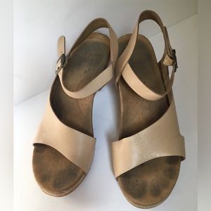 Dansko Cut-out Wedge Leather Buckle Strap Sandals, “Tasha,” Beige, Size 38